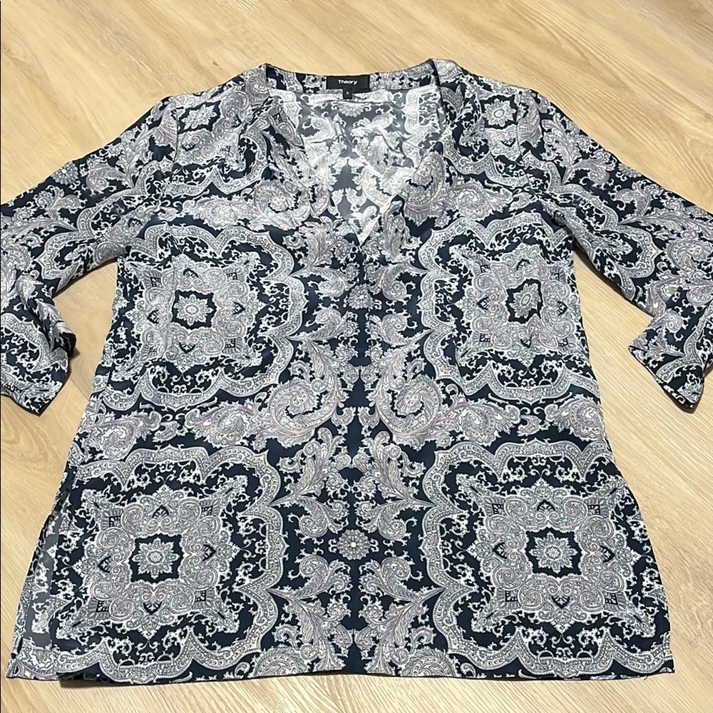 Theory Navy and White Patterned Blouse